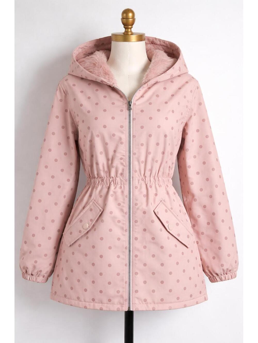 🌸 Pink Polka Dot Hooded Jacket / Raincoat – Fully Lined 🌸